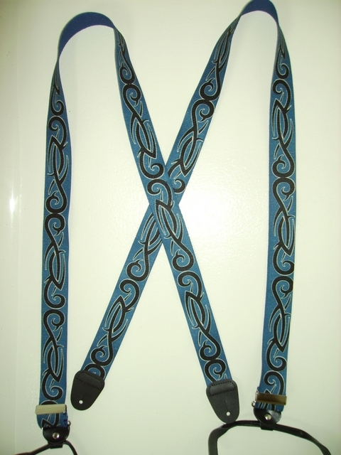 BUTTON-ON TRIBAL BLACK ON BLUE Suspenders 1 1/ 2 inches wide and 48 inches long UB120N48TBNA